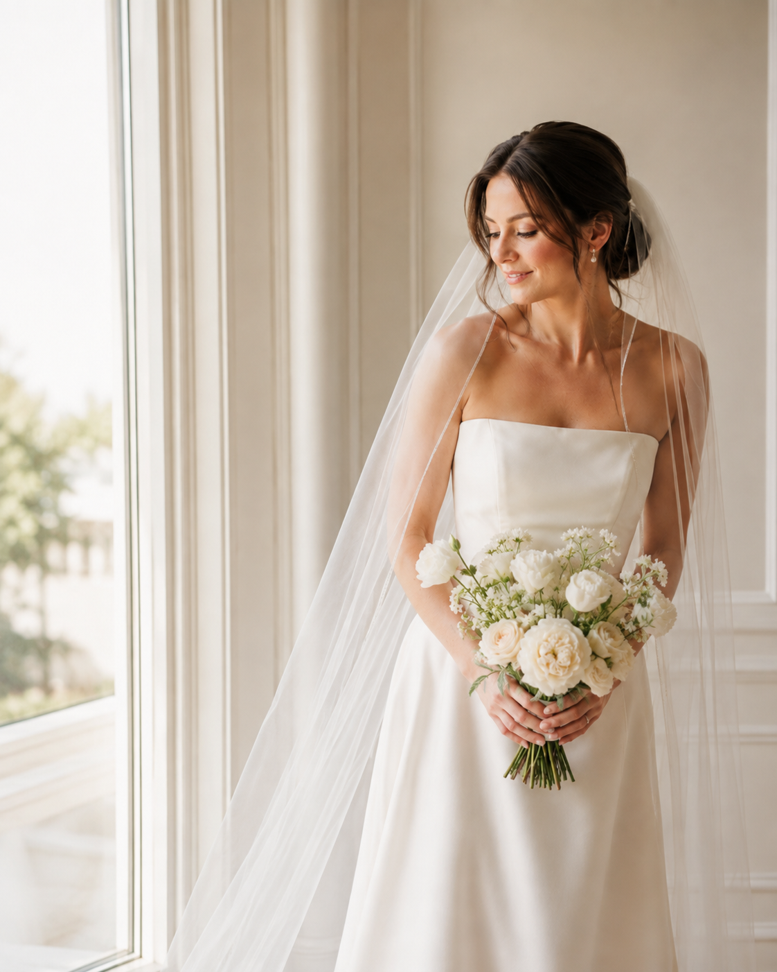 Bride in soft natural light holding a white floral bouquet