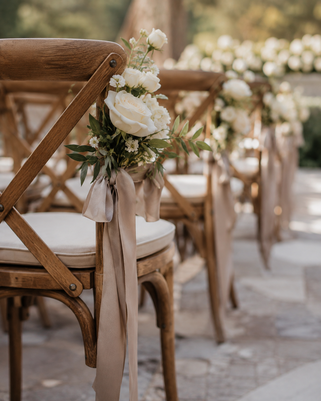 Romantic garden ceremony chairs with white florals and soft ribbon accents