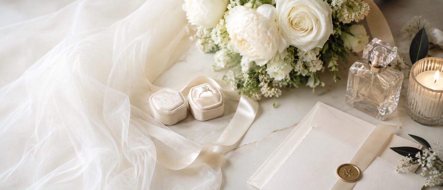 Elegant bridal details with flowing veil, white florals, rings, perfume, candle and stationery